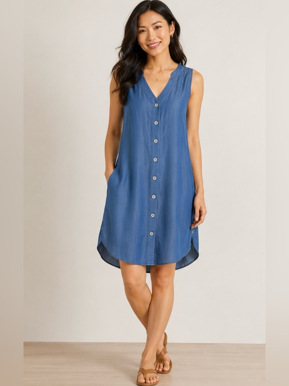 Prana Sleeveless Chambray Button-Front Blue Shift Dress